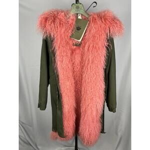 $4295 Mr & Mrs Italy Long Parka Pink Lamb Fur Green Size XS